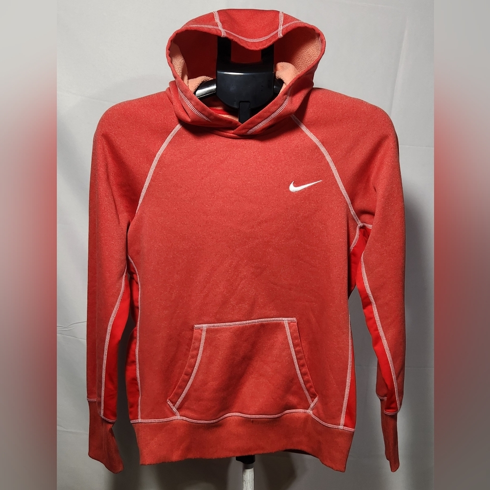 Nike Women's Red/Orange Sweatshirt with Hood and Raglan Sleeves-Size M
